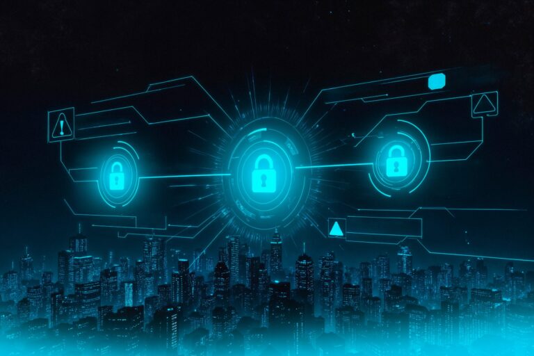 Network of security padlocks over a city skyline