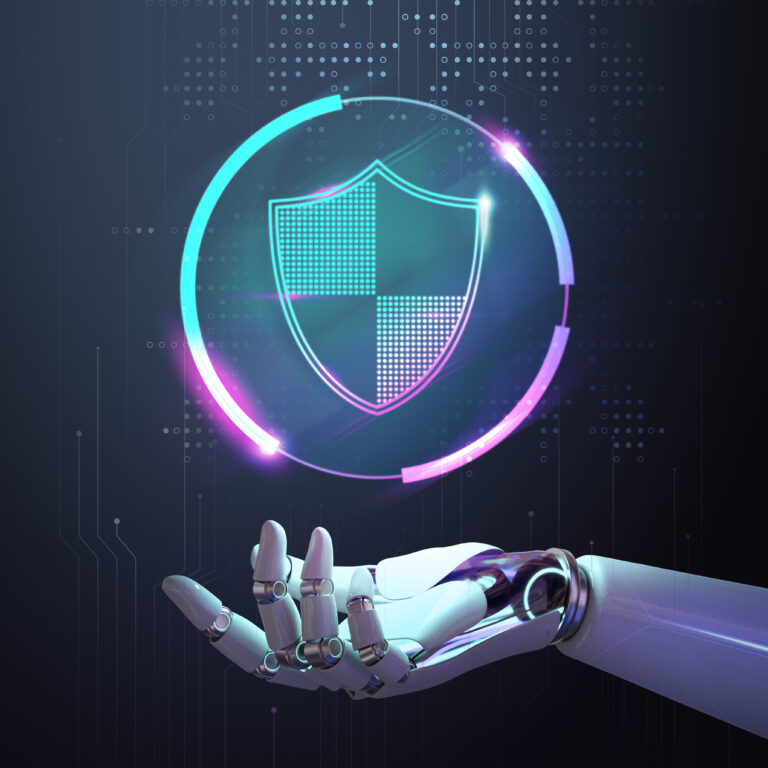 Robotic hand holding a cybersecurity shield