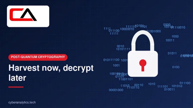 Padlock surrounded by encrypted data streams, illustrating the harvest now, decrypt later threat, with the Cybersecurity Analytics logo
